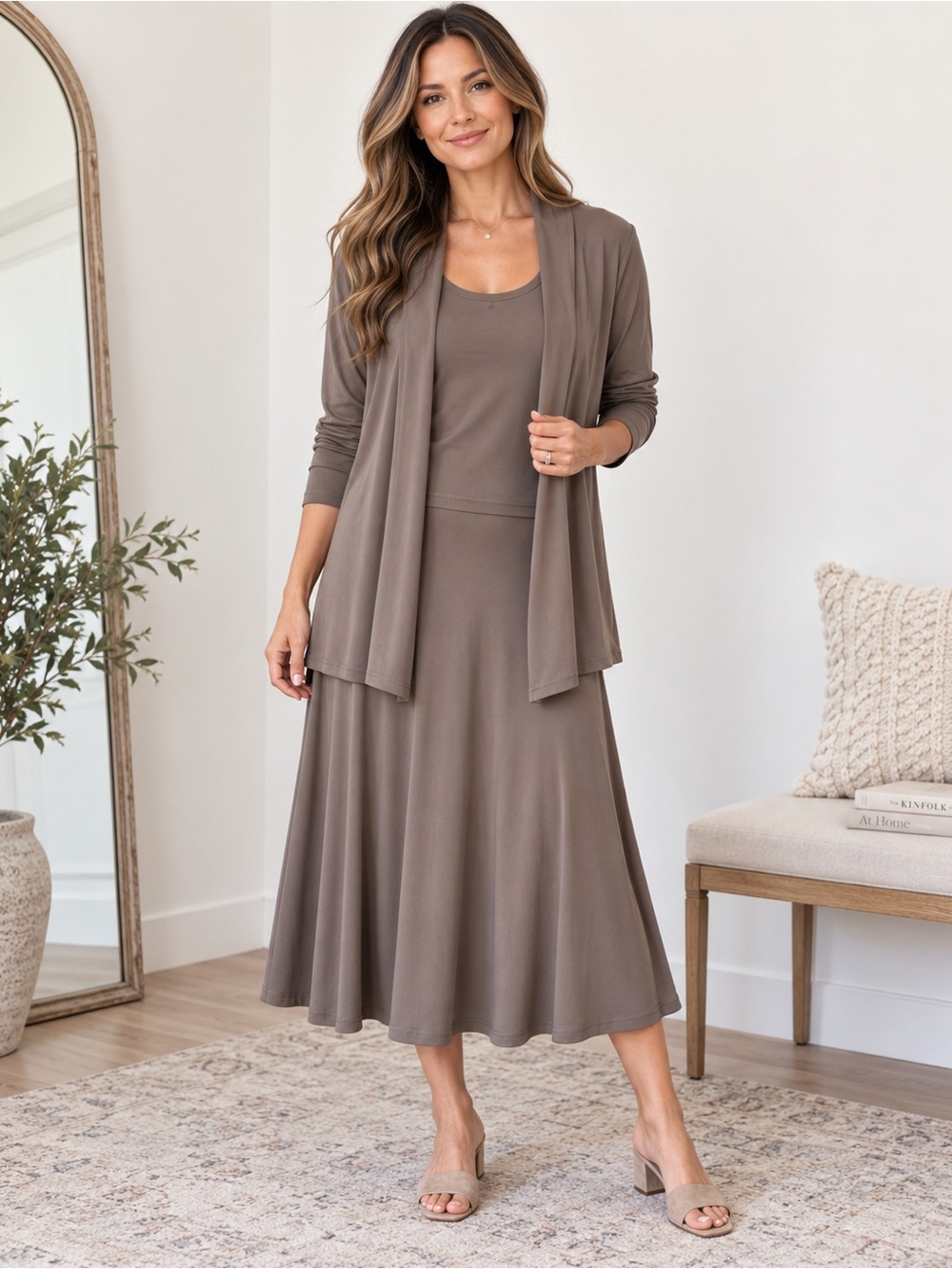 Sympli Taupe 3 Piece Midi Skirt Set with Tank and Cardigan Size 12 Lagenlook